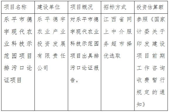 樂平德宇公司德宇現代農業(yè)科技示范園排污口論證項目計劃公告