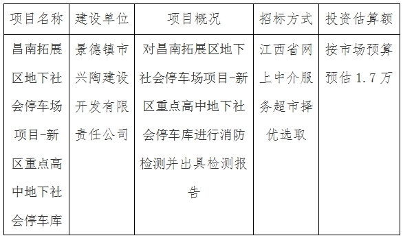 昌南拓展區(qū)地下社會(huì)停車場(chǎng)項(xiàng)目-新區(qū)重點(diǎn)高中地下社會(huì)停車庫消防檢測(cè)計(jì)劃公告