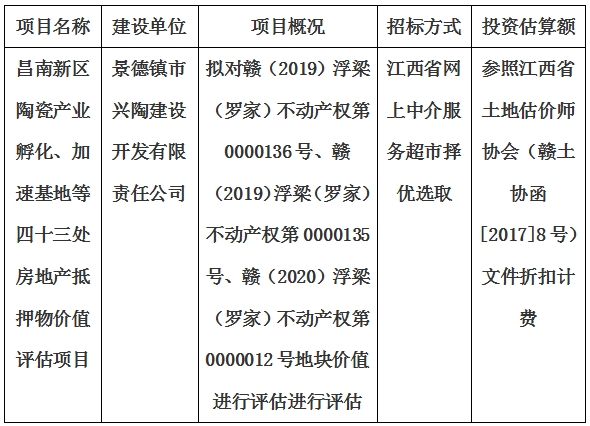 昌南新區(qū)陶瓷產(chǎn)業(yè)孵化、加速基地等四十三處房地產(chǎn)抵押物價值評估單位選取計劃公告