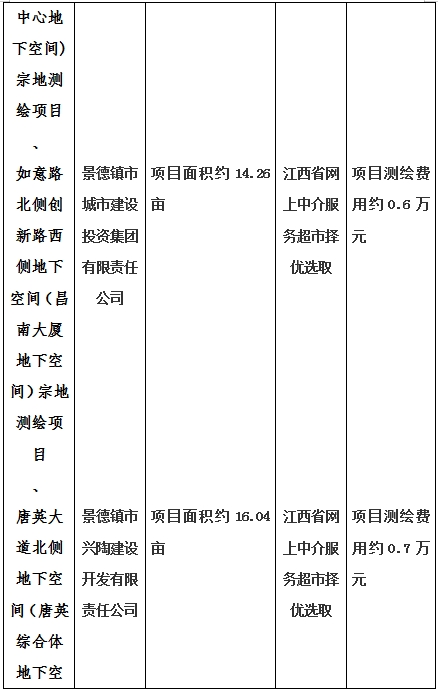 景德鎮(zhèn)市昌南新區(qū)LJ1-03-A01-1地塊、瓷都大道東側中渡口地下空間（格蘭云天大酒店地下空間）、光明大道北側利民路西側地下空間（青少年宮地下空間）、規(guī)劃二路北側地下空間地塊二（加速基地地下空間）、規(guī)劃二路北側地下空間地塊一（加速基地地下空間）、景德大道南側天寶橋西側地塊、景興大道東側如意路北側地下空間(社會公共服務