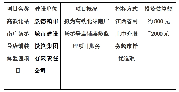 高鐵北站南廣場零號(hào)店鋪裝修監(jiān)理項(xiàng)目計(jì)劃公告