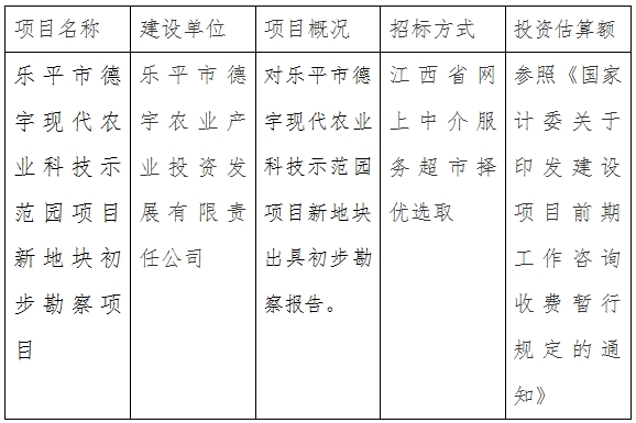 樂平德宇公司現(xiàn)代農(nóng)業(yè)科技示范園項目新地塊初步勘察項目計劃公告