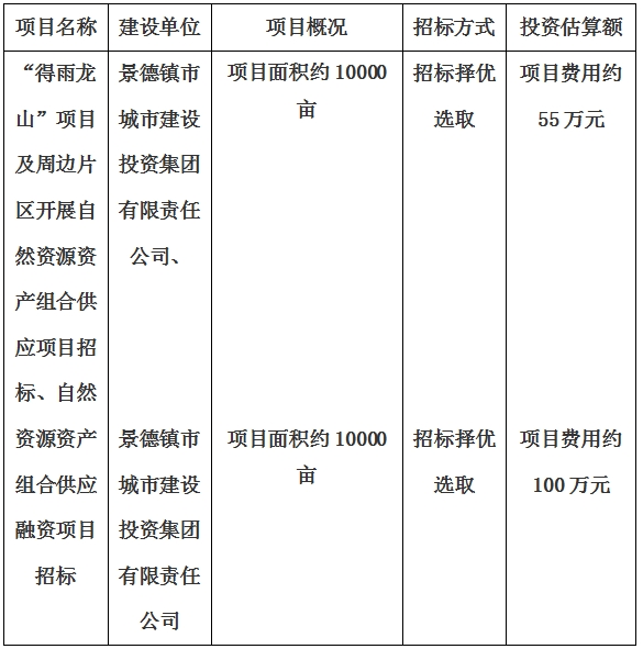 景德鎮(zhèn)市“得雨龍山”項(xiàng)目及周邊片區(qū)開展自然資源資產(chǎn)組合供應(yīng)項(xiàng)目、自然資源資產(chǎn)組合供應(yīng)融資項(xiàng)目招標(biāo)計(jì)劃公告