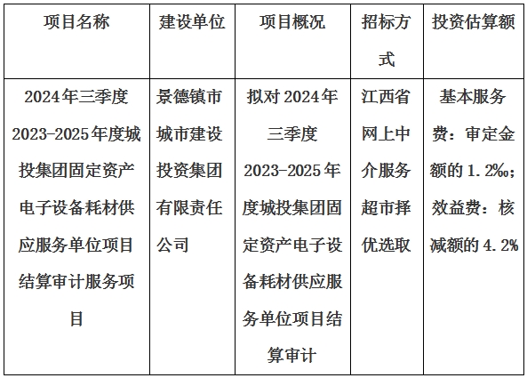 2024年三季度2023-2025年度城投集團固定資產(chǎn)電子設(shè)備耗材供應(yīng)服務(wù)單位項目結(jié)算審計服務(wù)項目計劃公告