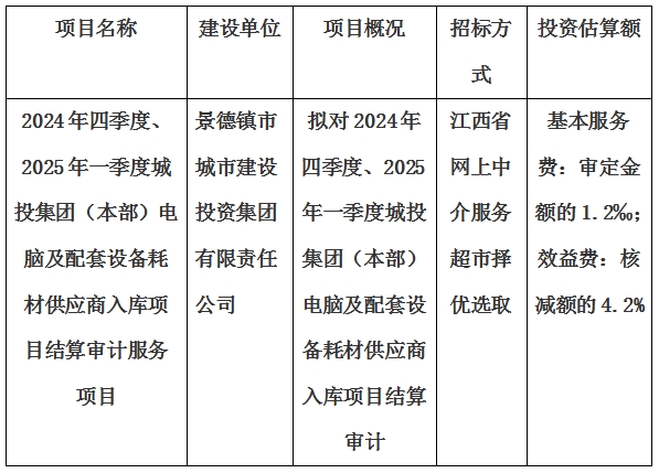 2024年四季度、2025年一季度城投集團(tuán)（本部）電腦及配套設(shè)備耗材供應(yīng)商入庫(kù)項(xiàng)目結(jié)算審計(jì)服務(wù)項(xiàng)目計(jì)劃公告