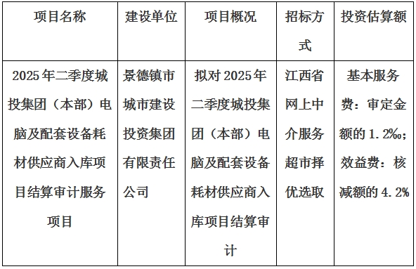 2025年二季度城投集團(tuán)（本部）電腦及配套設(shè)備耗材供應(yīng)商入庫項(xiàng)目結(jié)算審計(jì)服務(wù)項(xiàng)目計(jì)劃公告