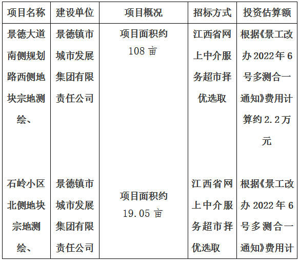 景德大道南側(cè)規(guī)劃路西側(cè)地塊宗地測(cè)繪、石嶺小區(qū)北側(cè)地塊宗地測(cè)繪、玉字亭路東側(cè)HX02-A07地塊宗地測(cè)繪、金嶺大道西側(cè)迎賓大道北側(cè)地塊宗地測(cè)繪項(xiàng)目計(jì)劃公告